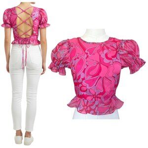 Show Me Your Mumu Daiquiri Peplum Top Candy Heart Pink Lace-Up XS
